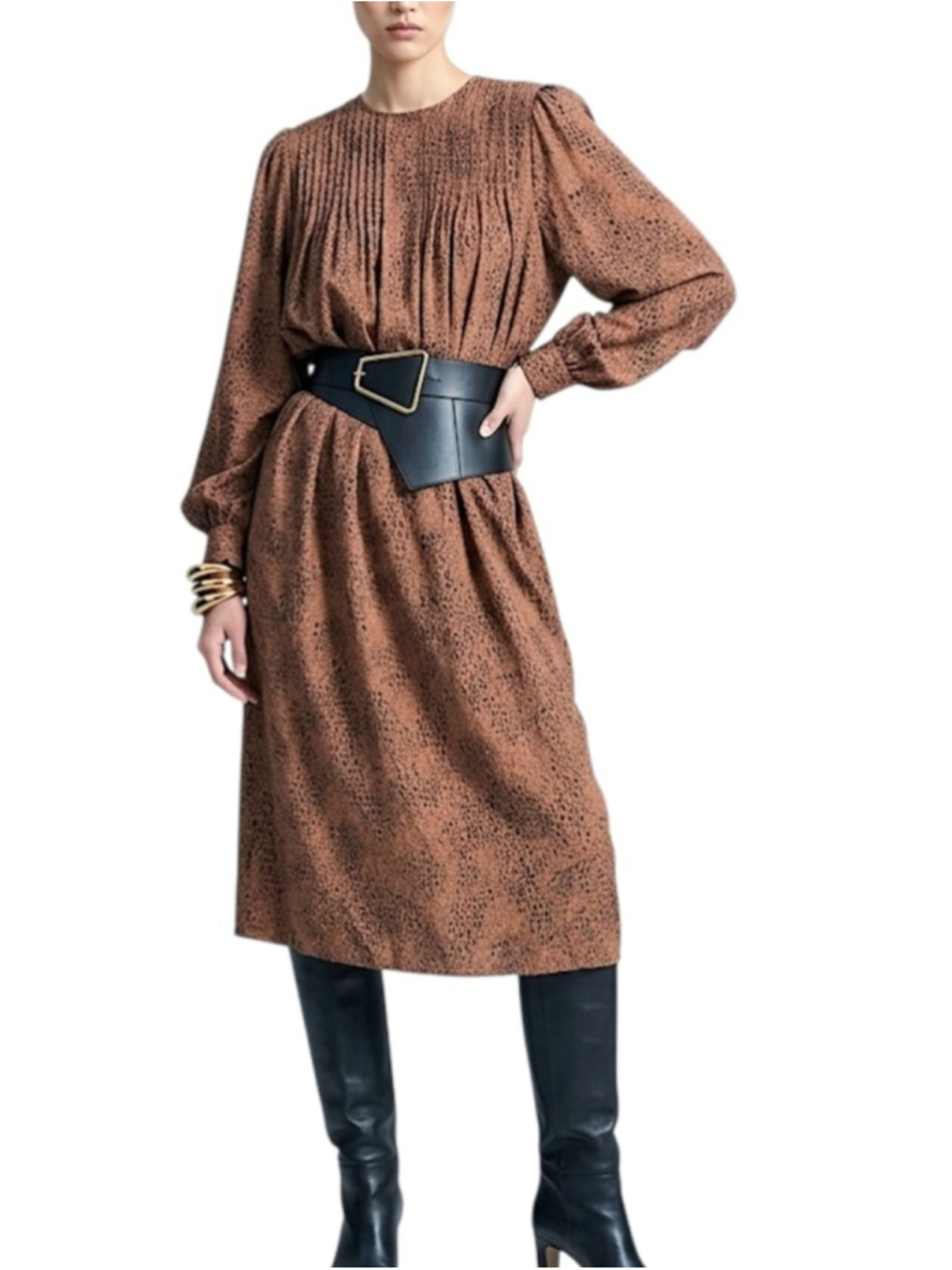 Vintage 80s union made brown black print long sleeve blouson midi dress 20W